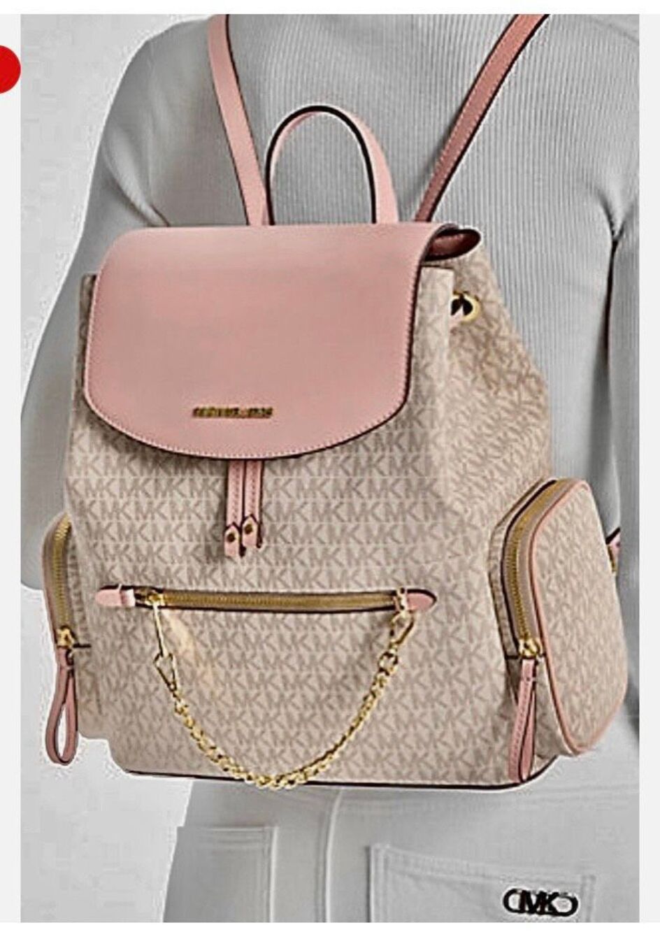 Michael Kors Jet Set Large Signature PVC Chain Backpack Blush & Cream NWOT MSR $